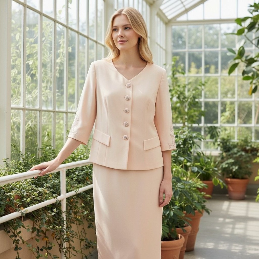 Maggy London Skirt Suit Women 20 Peach Embroidered Button Vintage 2pc Set